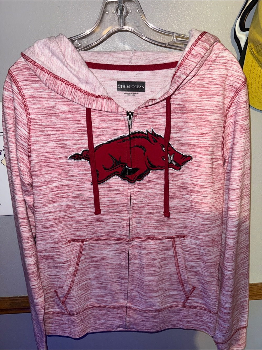 5th & Ocean Red Heathered Zip Hoodie with Red Trim and Embroidered Graphic